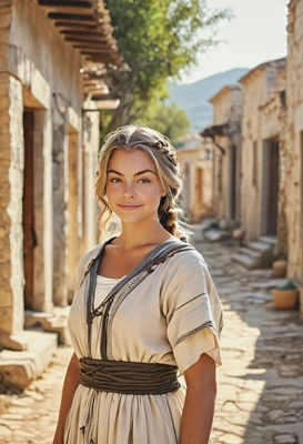 ancient Greek peasant, wearing a historical tunic, made from linen and wool, braided hair, symmetrical details, romantic pose, dreamy look, blurry vibrant ancient Greek village background, morning rays