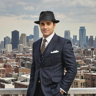 dressed as a 1920s mobster in a pinstripe suit and fedora, with the city skyline in the background