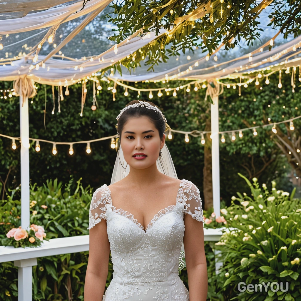 as the bride standing under a canopy of fairy lights in a beautifully decorated outdoor garden