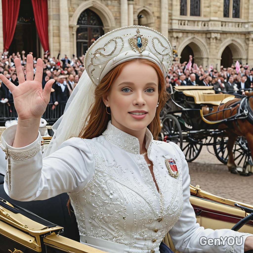 a royal procession, with a queen in a horse-drawn carriage, waving to a cheering crowd as she rides through a grand city square, close up photo