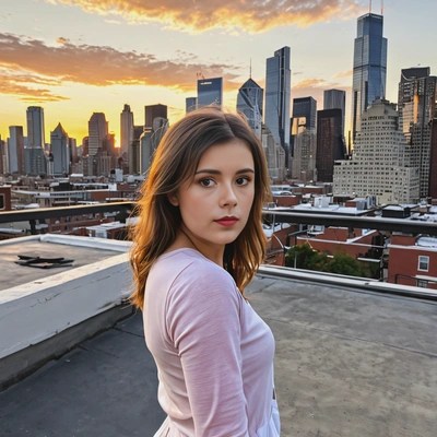 standing on a rooftop at sunset, the city skyline glowing in the background