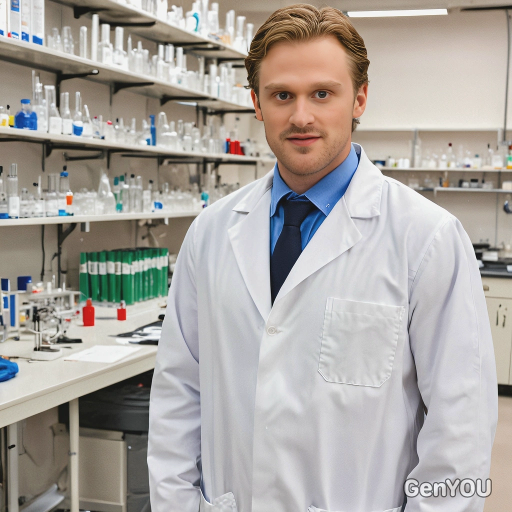 as a scientist in a white lab coat , standing in a state-of-the-art laboratory