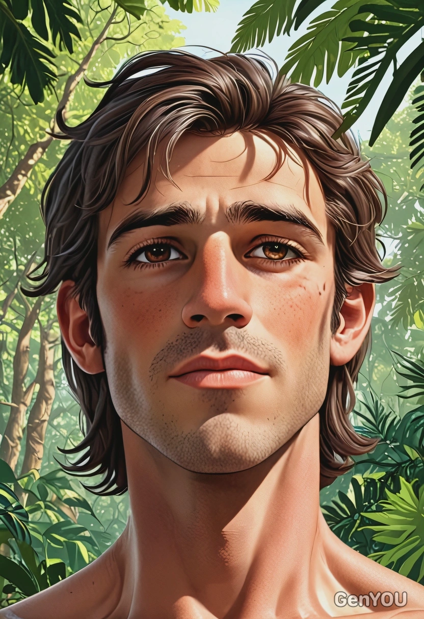 Hand-drawn flat cartoon style, Tarzan, oversized cartoon eyes, jungle daylight lighting, waist-up portrait, tree canopy background