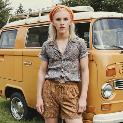in 1960s hippie outfit, standing beside a vintage van, captured in faded color