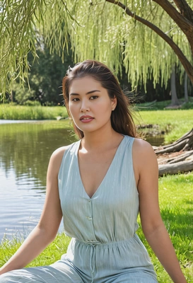 in a light pastel jumpsuit, sitting on the grass by a calm lake with willow trees in the background, the breeze gently moving the water, half body portrait 