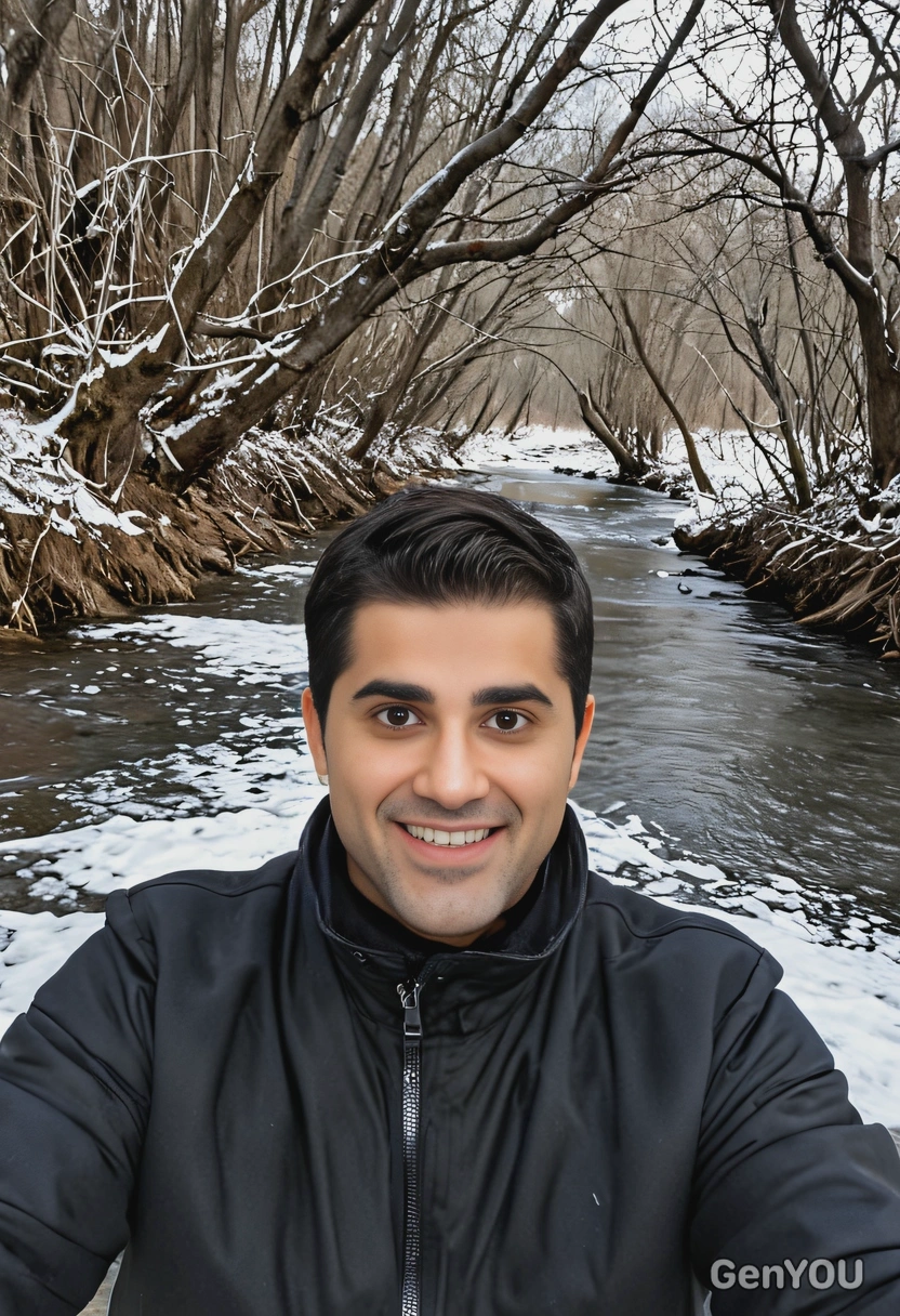 selfie, in black jacket, facing the viewer, by an icy river reflecting winter trees