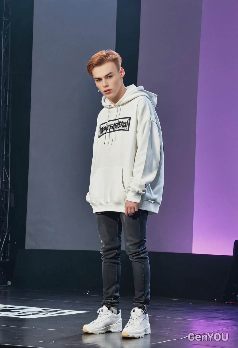 as a K-pop idol, wearing a stylish oversized hoodie, skinny jeans, and high-top sneakers, standing in front of a neon-lit stage during a performance