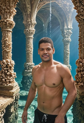 a swimmer exploring an underwater palace made of coral and pearls