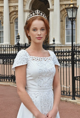 In a modern royal dress, posing in front of Buckingham Palace