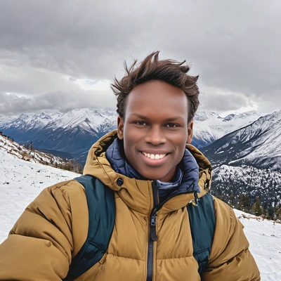 smiling, in a puffer jacket, standing in front of snow-capped mountains, selfie 