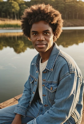 iPhone camera quality, hyperrealistic textured face skin, portrait photo, wearing trendy chunky oversized retro denim cropped jacket and wide leg pants, afro hair, sitting near a coffee, blurry lake countryside background, golden hour