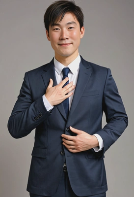 professional worker, plain-colored background, short hair, handpalms in a lock at the waist level, relaxed, neutral and natural demeanor, centered image, suit