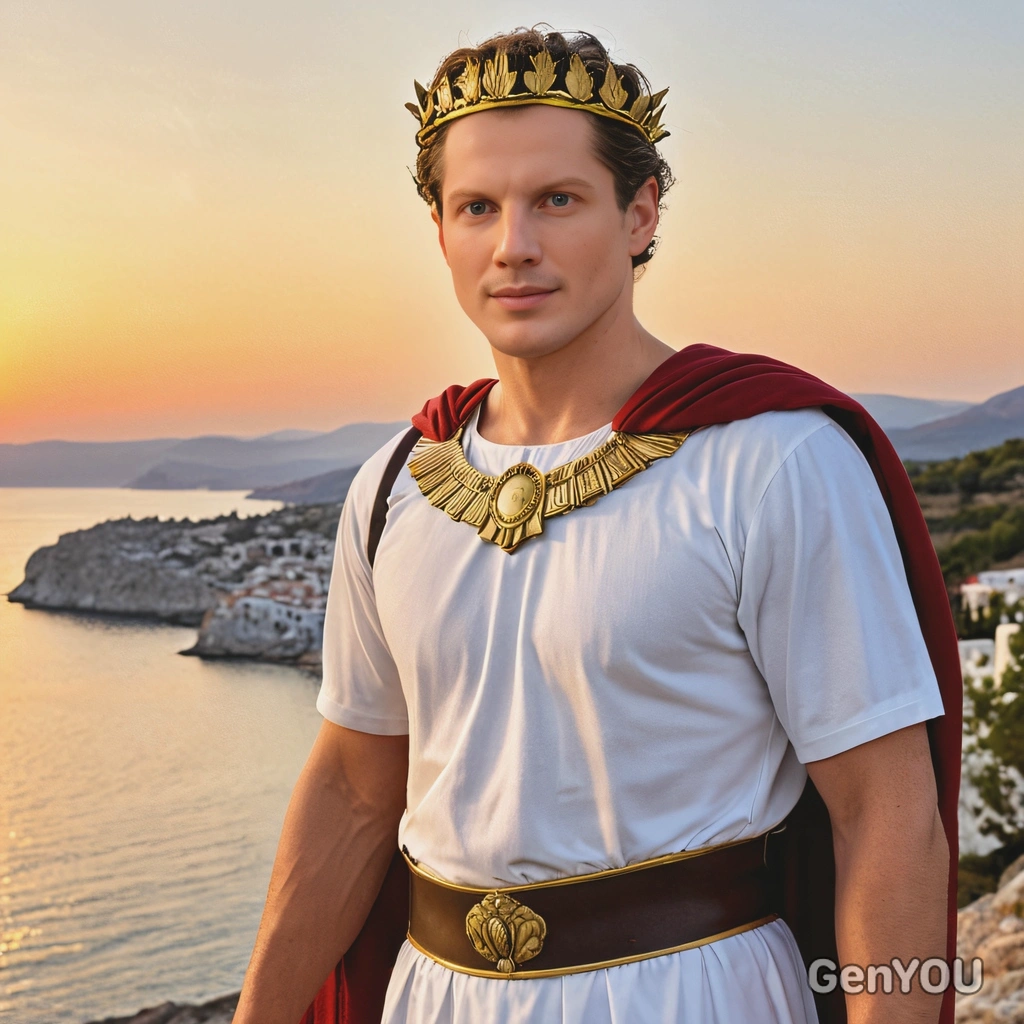 As a Greek hero, in a tunic with a golden laurel crown, standing under a radiant sunset