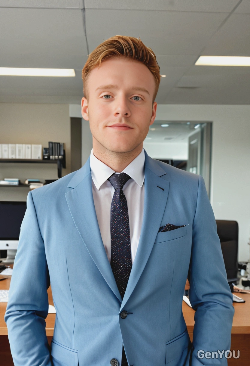 sitting at the office desk, hands in the pockets, sky blue neat business suit, serious look, mid-body photo, blurry open-space office background, sharp skin texture details, soft lighting