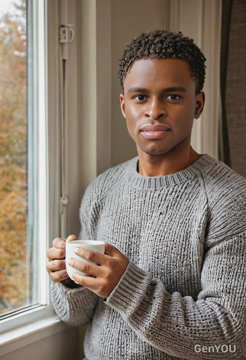 drinking tea at the window, sweater and sweatpants, autumn, eyes on you, accurate hands, blurred background