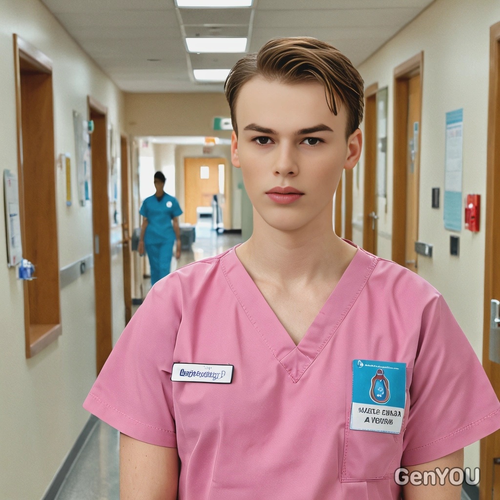 as a nurse in scrubs, standing in hospital hallway, half body