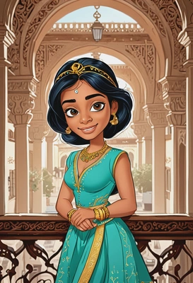 hand-drawn flat cartoon style, Jasmine from Aladdin, oversized cartoon eyes, waist-up portrait, palace balcony background