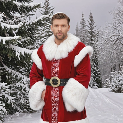 wearing a Mrs. Claus outfit with fur-trimmed sleeves, standing in a winter wonderland scene