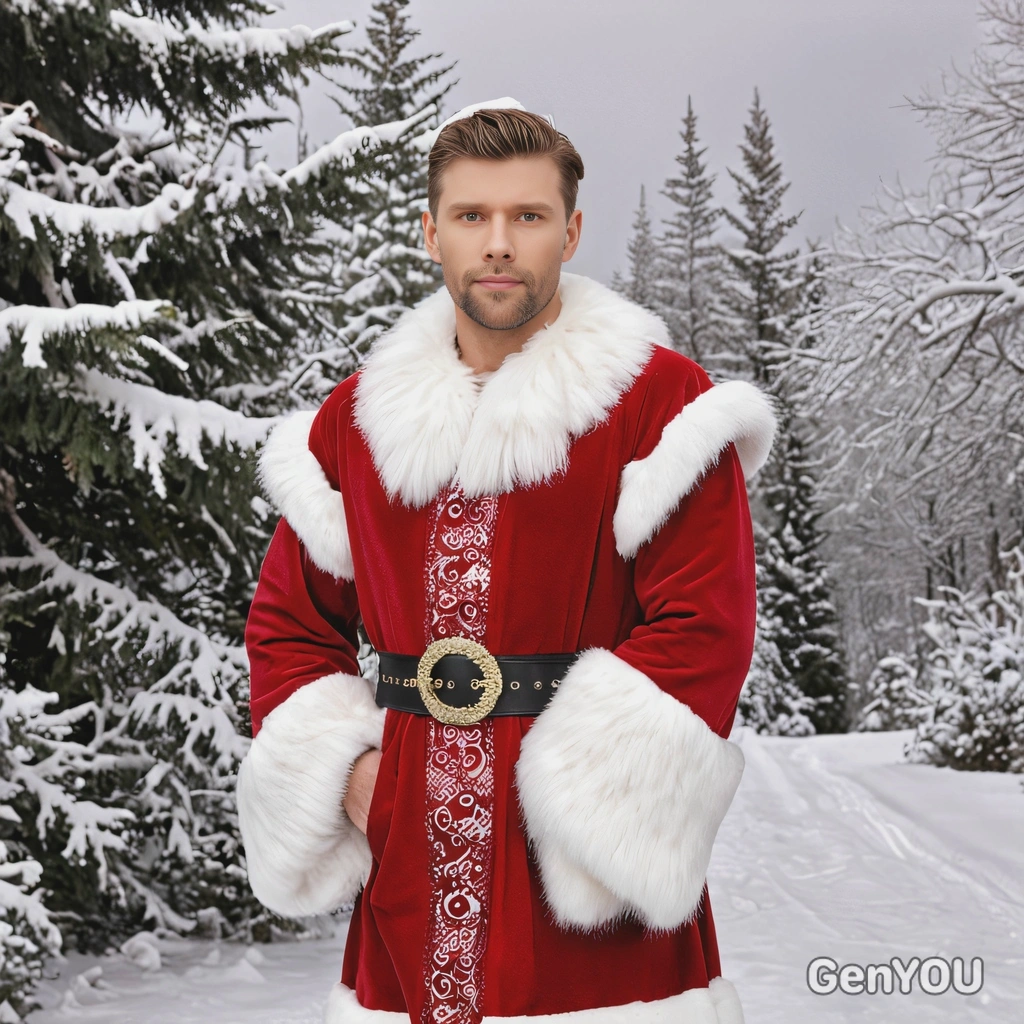 wearing a Mrs. Claus outfit with fur-trimmed sleeves, standing in a winter wonderland scene