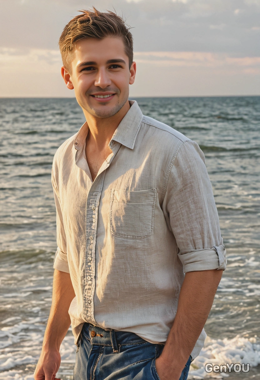 in a loose linen shirt, denim shorts, walking along the shoreline with the ocean behind him, blurred background, soft focus, at sunset, the warm light reflecting off the water onto his face, clear facial features