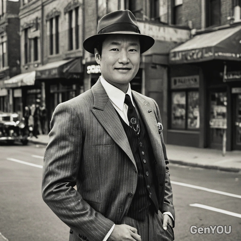 in a 1930s gangster-style suit, standing on a city street corner, with a black and white filter