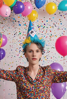 a person wearing a fun party hat, confetti into the air while surrounded by colorful balloons and party decorations