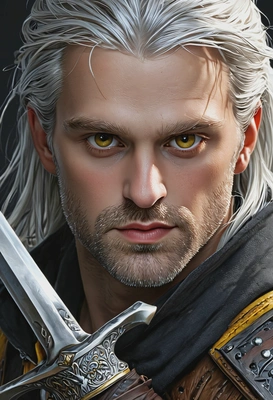 Witcher with a sword, yellow eyes, high-quality art, eyes on you, visible brushstrokes