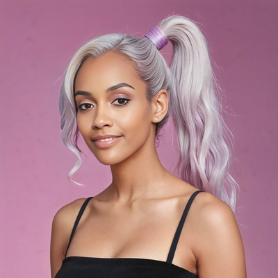 high ponytail with pastel purple streaks on a platinum blonde base, styled with subtle waves, against a neon pink-lit background