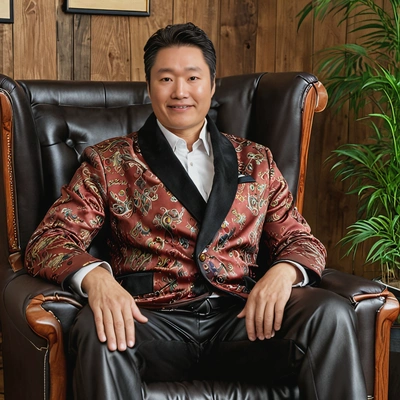 in a smoking jacket, sitting in a plush leather chair in a wooden lounge