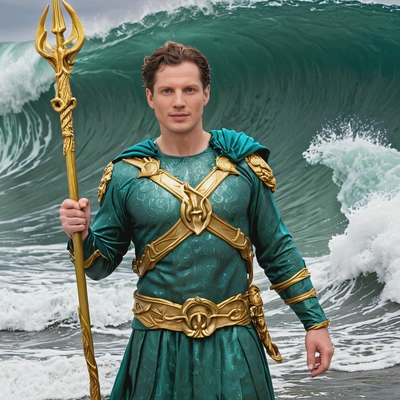 As Poseidon, wearing a sea-green tunic and holding a golden trident, standing beside a crashing ocean wave with sea creatures swimming around