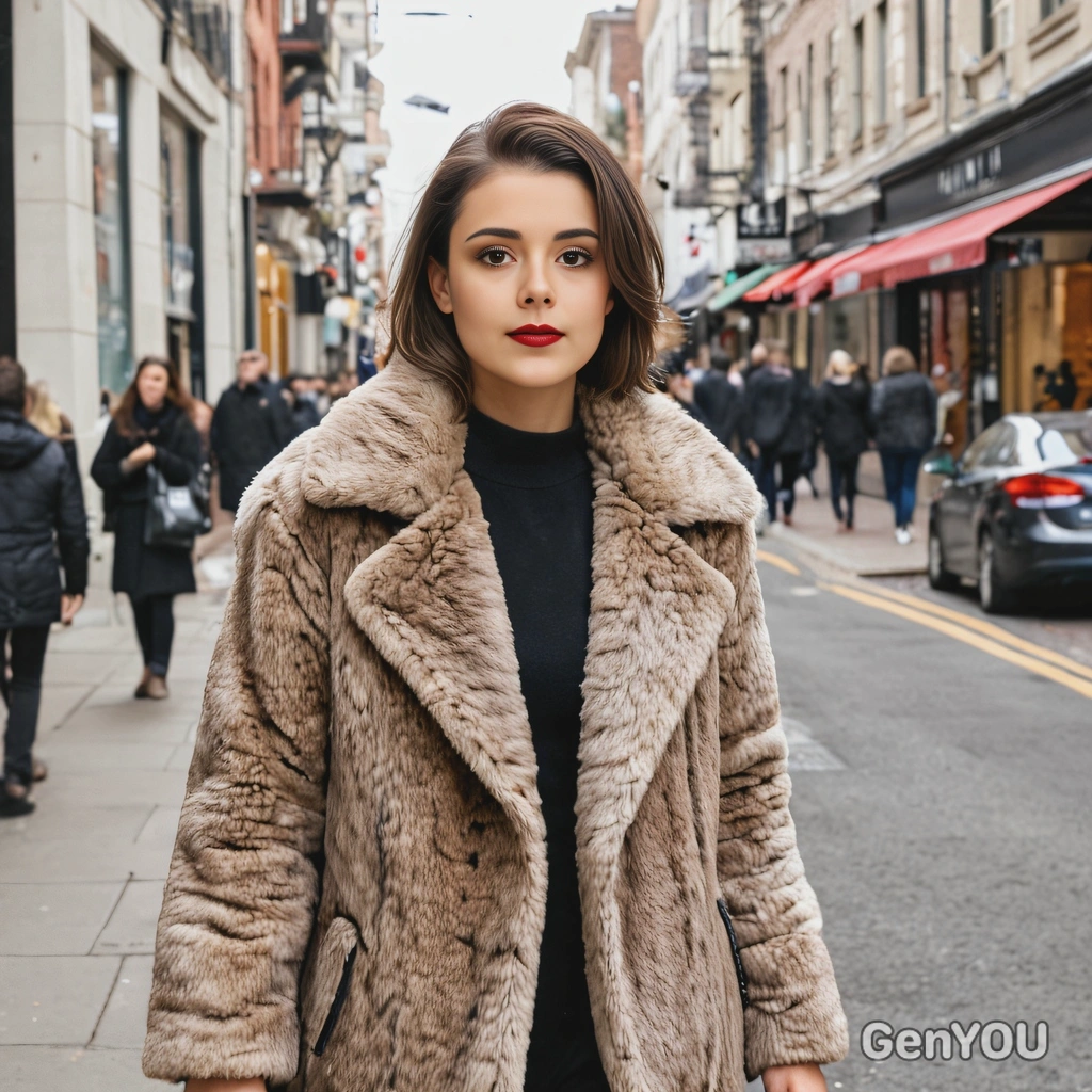 walking through a bustling city street, dressed in a stylish faux fur coat, mid-shot