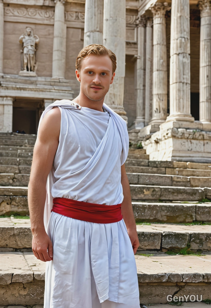 as an Ancient Roman senator, wearing a white toga with a red sash, standing on the steps of a marble temple with the Roman Forum visible behind him, half body portrait 