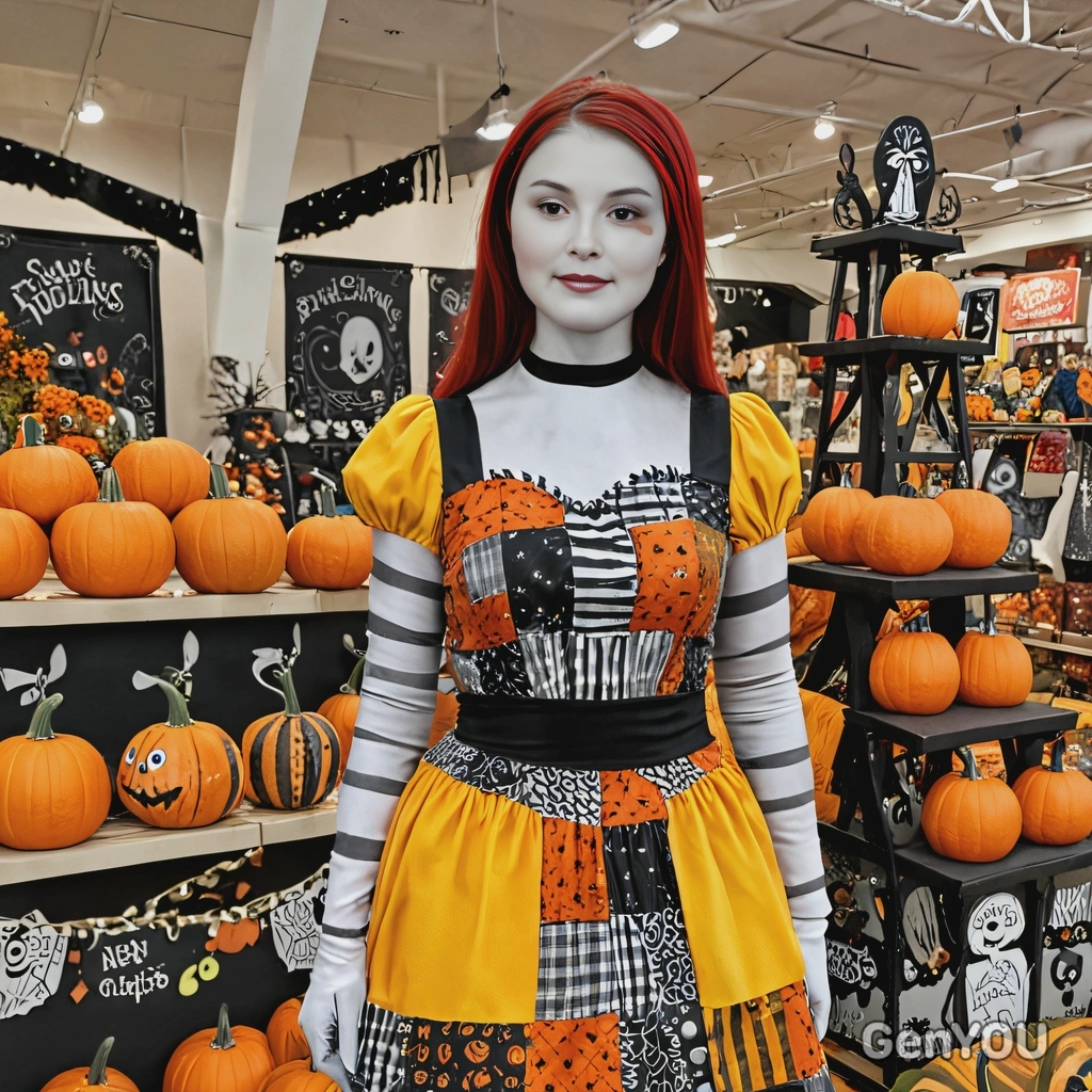 dressed as Sally from The Nightmare Before Christmas, standing near a pumpkin display with her patchwork dress