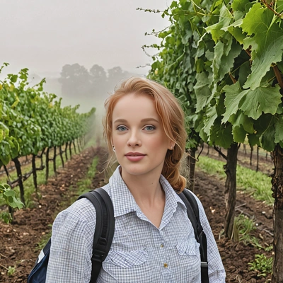As a traveler capturing the early morning fog over a vineyard, half body view 
