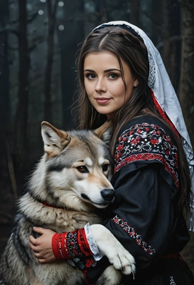 folklore, hugging a wolf, traditional slavic dress, dark atmosphere, blurred background