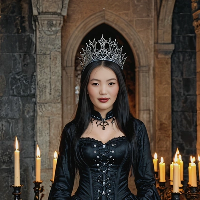 dressed as a gothic queen, standing in a dark, candle-lit castle
