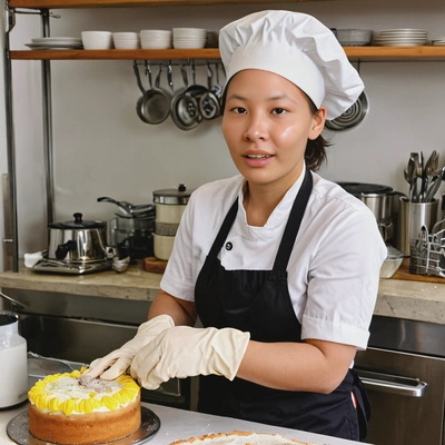 a baker making a cake, food prep gloves, smiling
