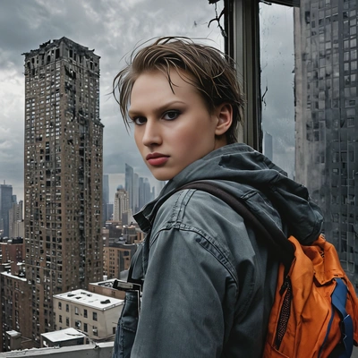 as a survivor of apocalypse, dirty torn tattered clothes, backpack, inside a broken apartment, New York skyscrapers in the window, dark stormy sky, close-up shot, looking directly at camera, vivid colors, high-quality cinematographic style