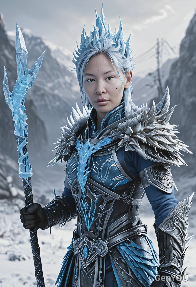 as a frost creature, with icicles for hair and glowing blue eyes, carrying a forzen scepter, standing in an eternal winter wasteland, looking directly at you, vivid colors, symmetrical clothing details, video game style, high-quality stylized art