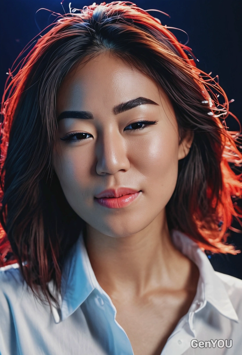 a moody beauty, close-up portrait with flowing hair, wearing a loose white shirt, cinematic blue and red neon lighting, sharp focus on face, soft parted lips, dreamy intense look, dark blurred background