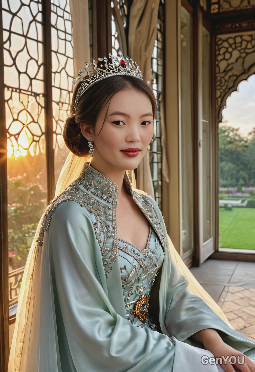 as a regal queen, wearing a jeweled crown and a flowing cape, seated by a large window, gazing out over an expansive royal garden at dawn