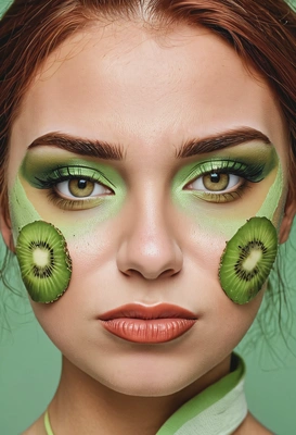 with makeup inspired by kiwi, brown and light-green colors, symmetrical details, professional photoshoot