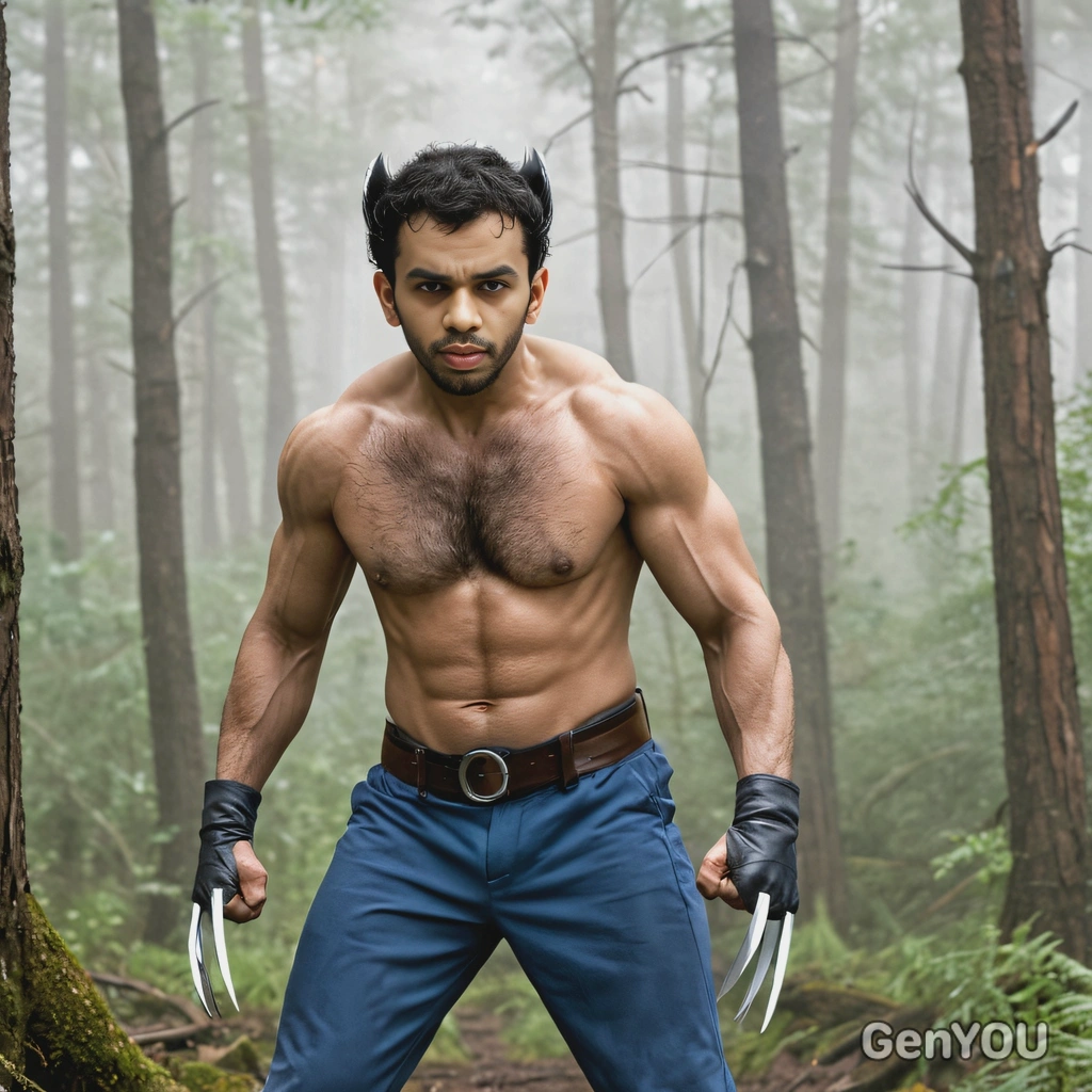 Wolverine (Logan), standing in a misty forest, in a fighting stance