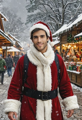 walking in Santa's costume in a Christmas market, blurry snowstorm background, outdoor lighting with sun glares on the skin, windy dynamic image, slightly flirty smile, straight gaze, high-quality image, hyperrealistic skin texture, full body image