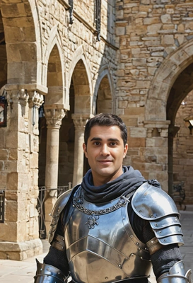 Royal knight in shining armor in courtyard with stone archways
