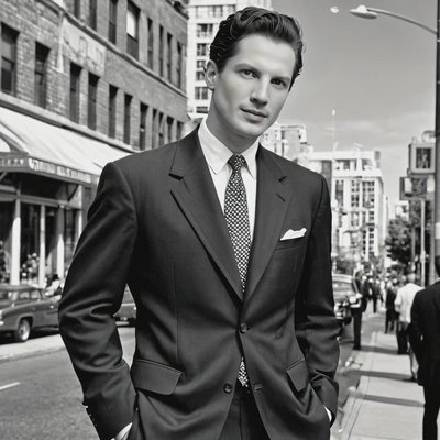in a 1950s business suit, on a city street, captured in black and white