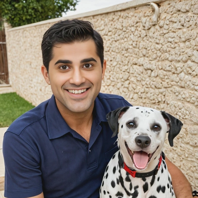 smiling, in a navy shirt, with a dalmatian, outside