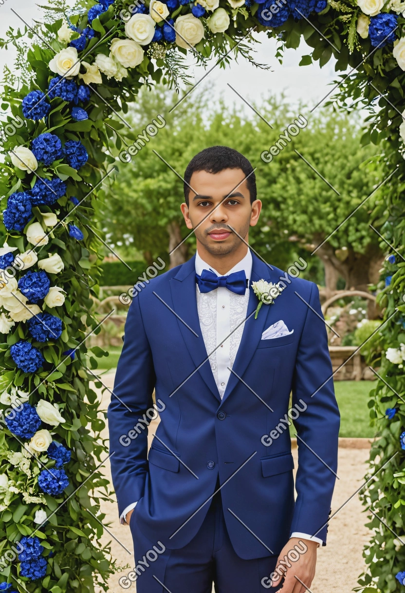 as a groom in a royal blue suit with a floral tie, standing under a floral arch at an outdoor wedding