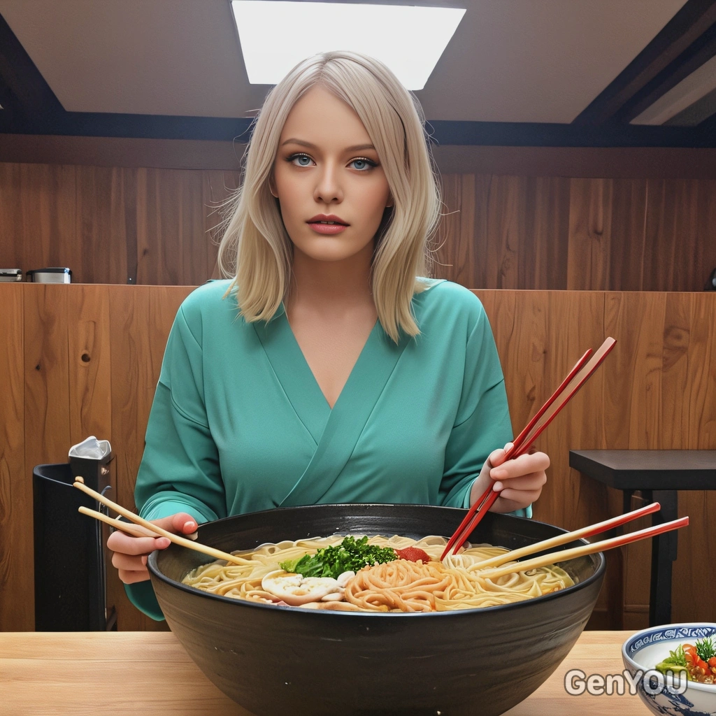 standing in front of a giant bowl of ramen, holding chopsticks that are too big
