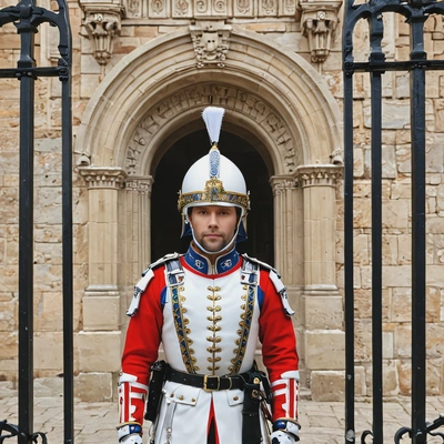 as a royal guard dressed in ceremonial armor, standing on of a grand castle gate